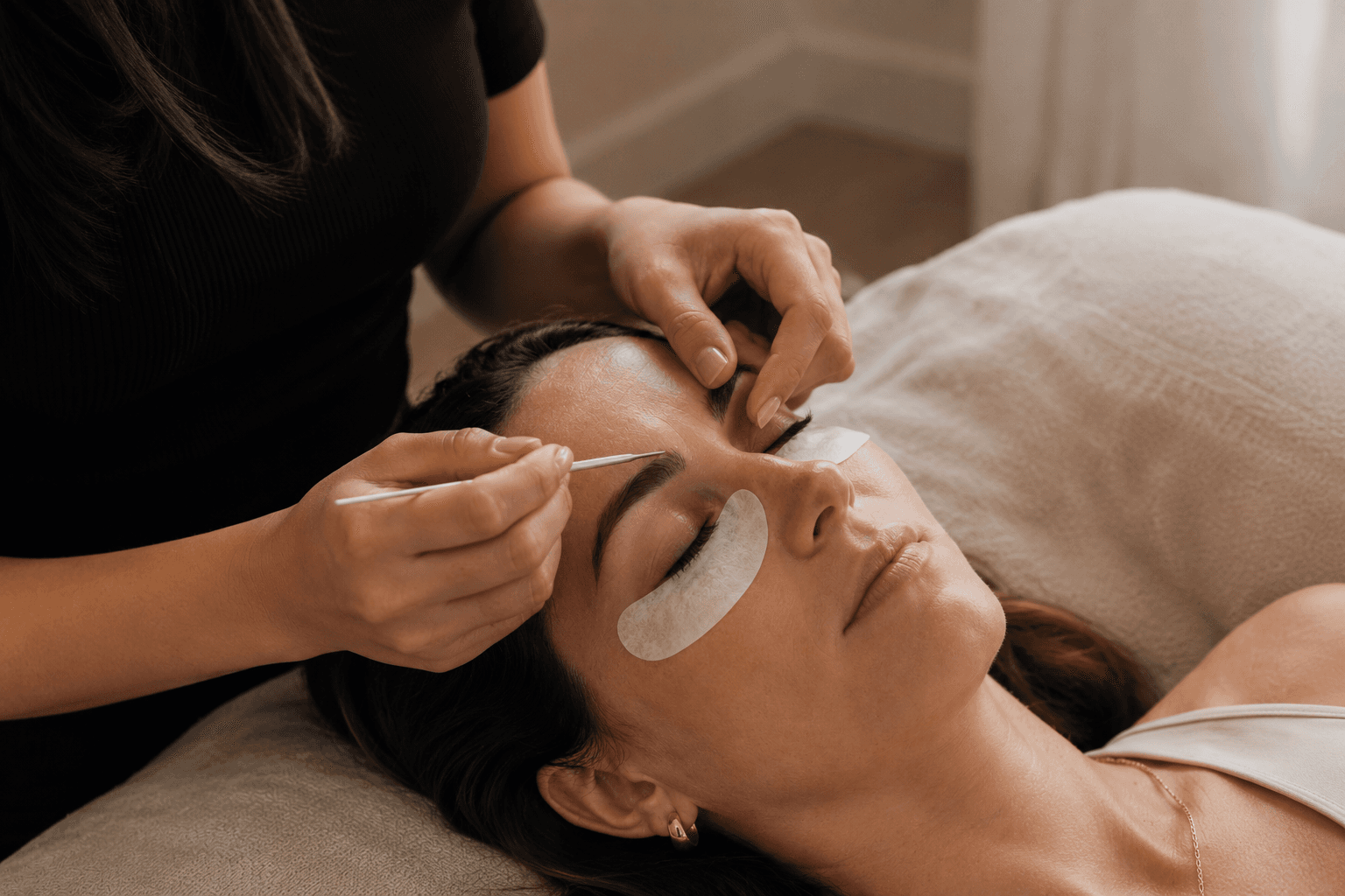 Jiwon working carefully on a client during a lash appointment