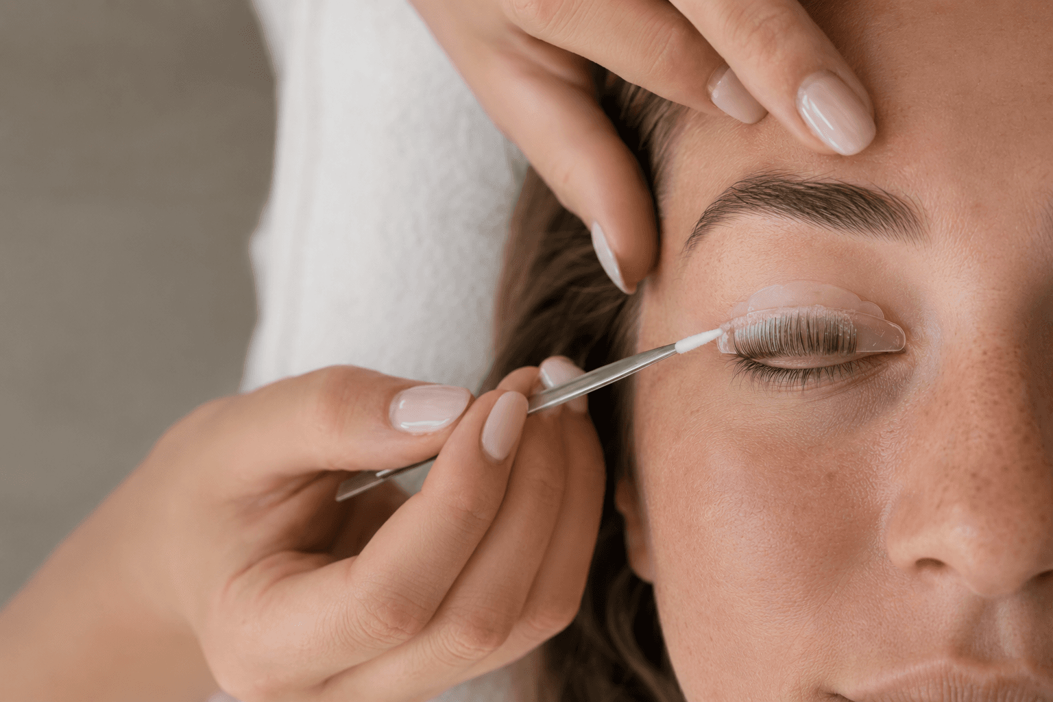 Close detail from a calm lash lift appointment