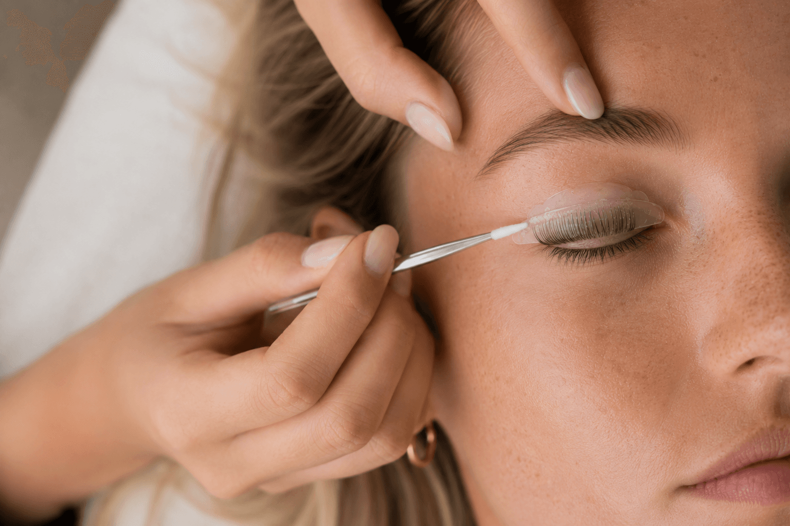 Close detail of the lash treatment in progress on a relaxed client